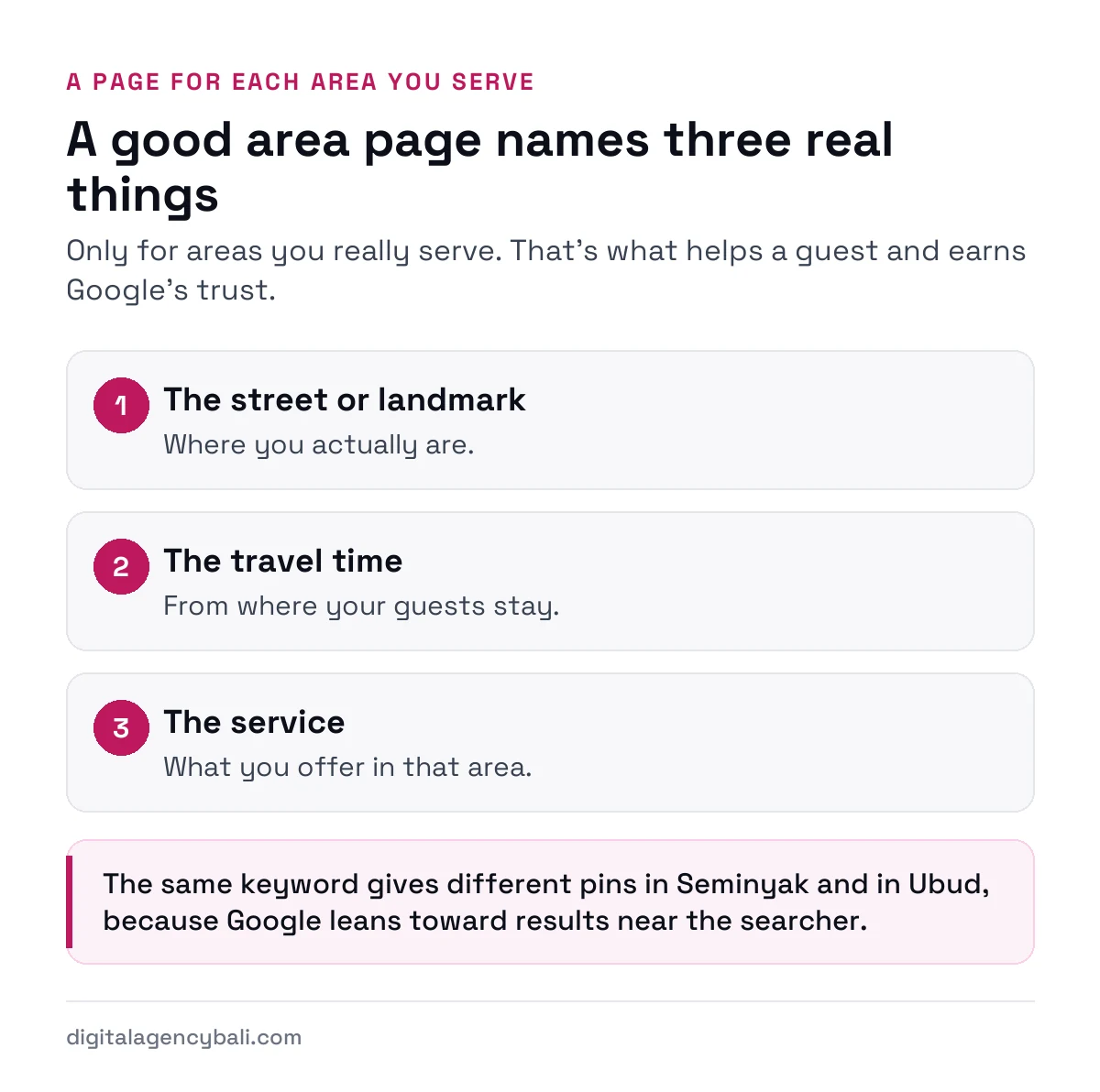 What a good area page for a Bali business names: the street or landmark, travel time from where guests stay, and the service